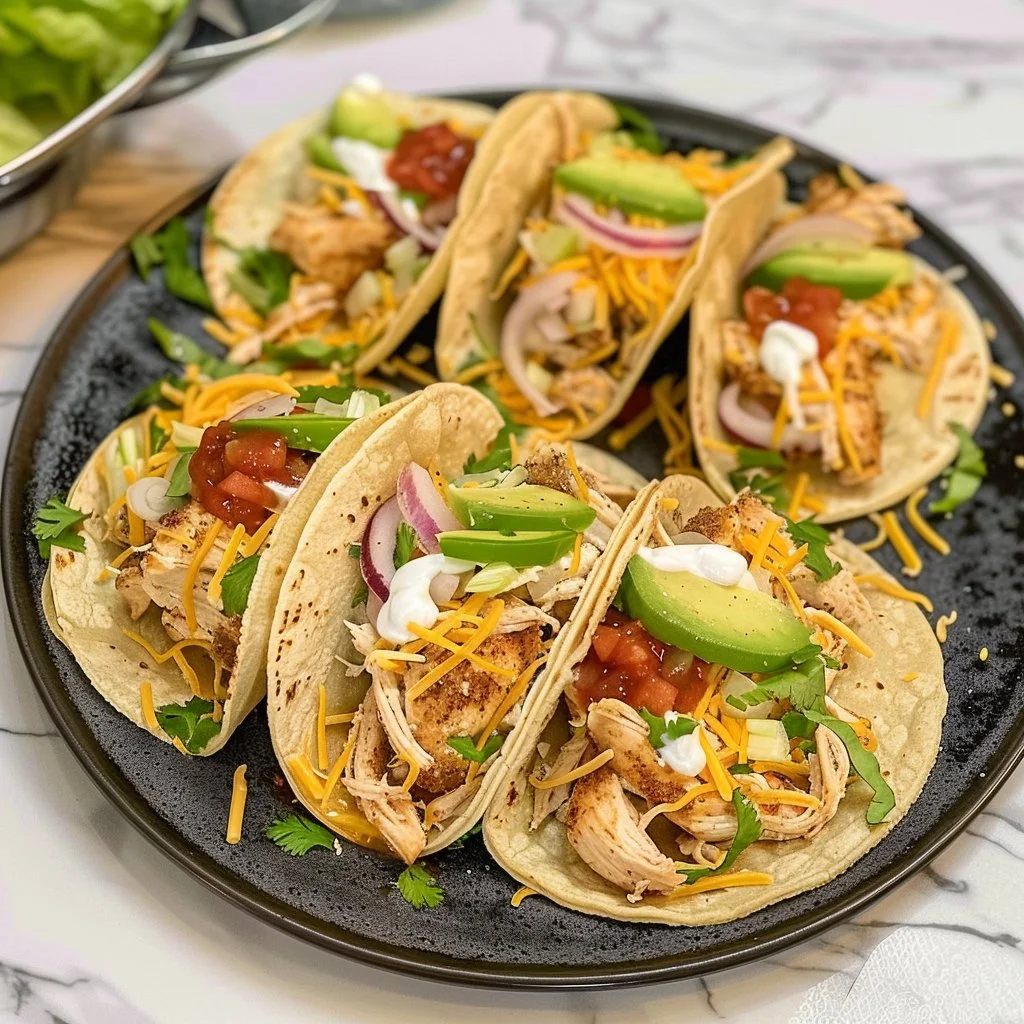 High protein chicken tacos served on a plate with fresh toppings.