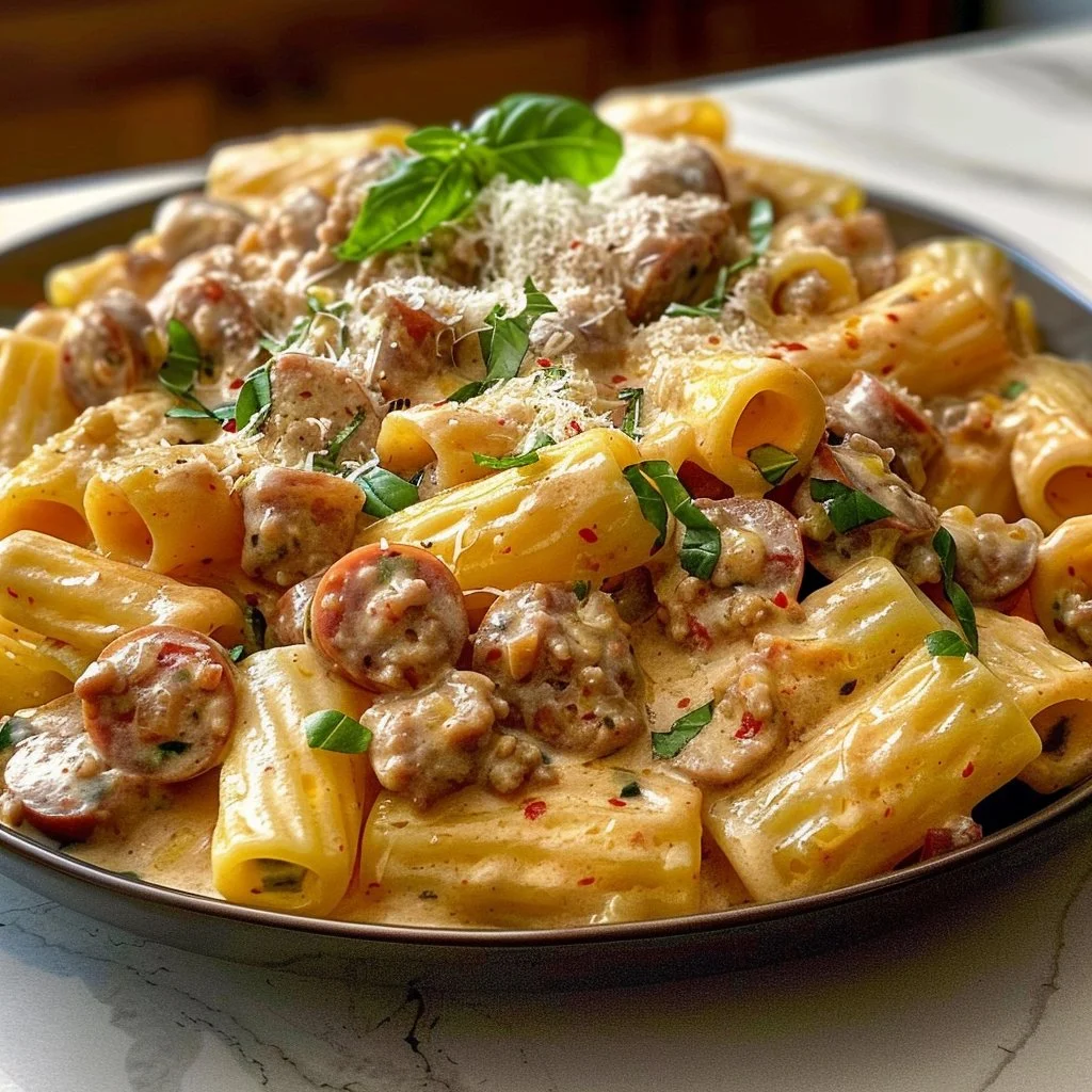 Delicious creamy sausage rigatoni served in a bowl, perfect family meal.