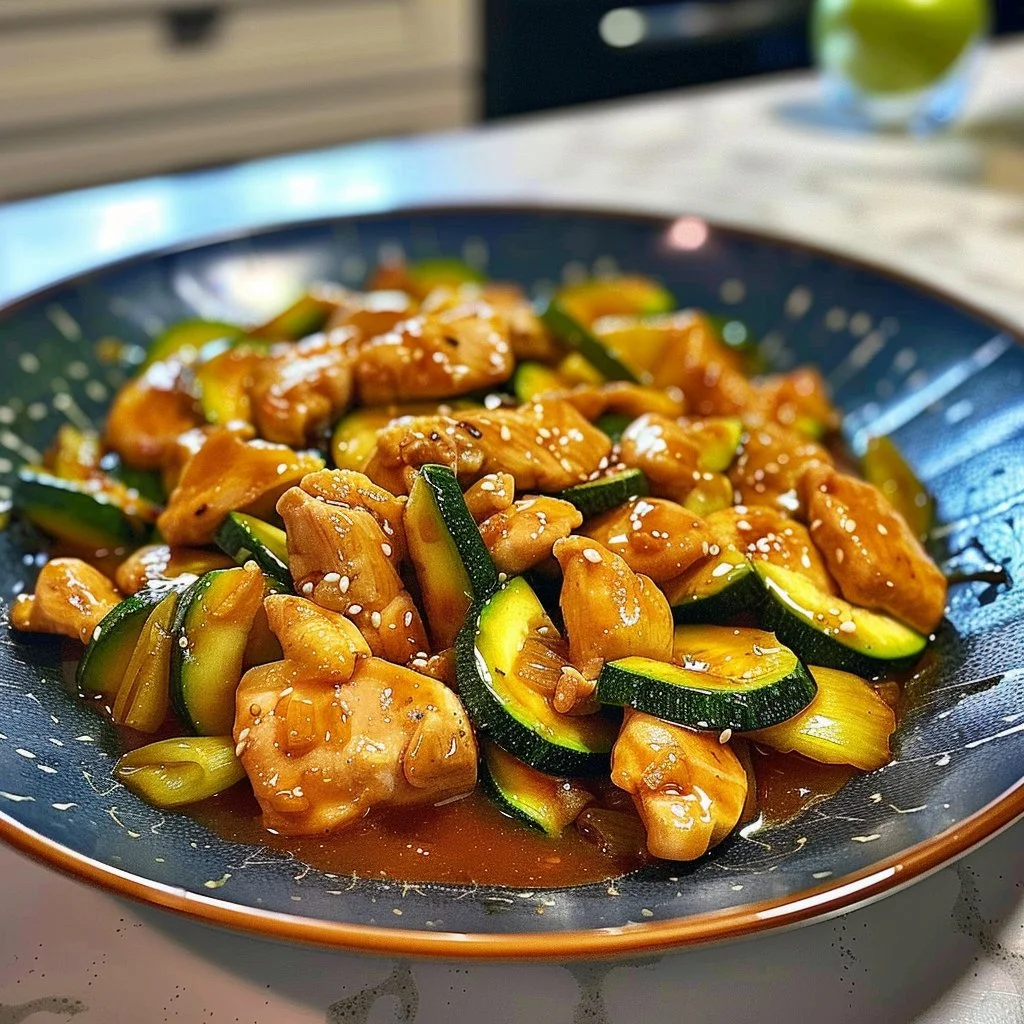 Delicious chicken zucchini stir fry served in a bowl with colorful vegetables