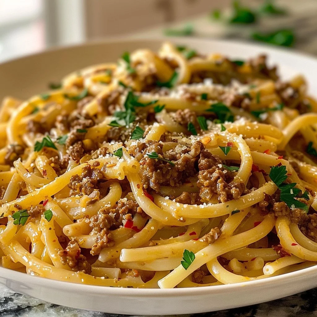 Delicious garlic butter beef pasta served in a bowl with fresh herbs