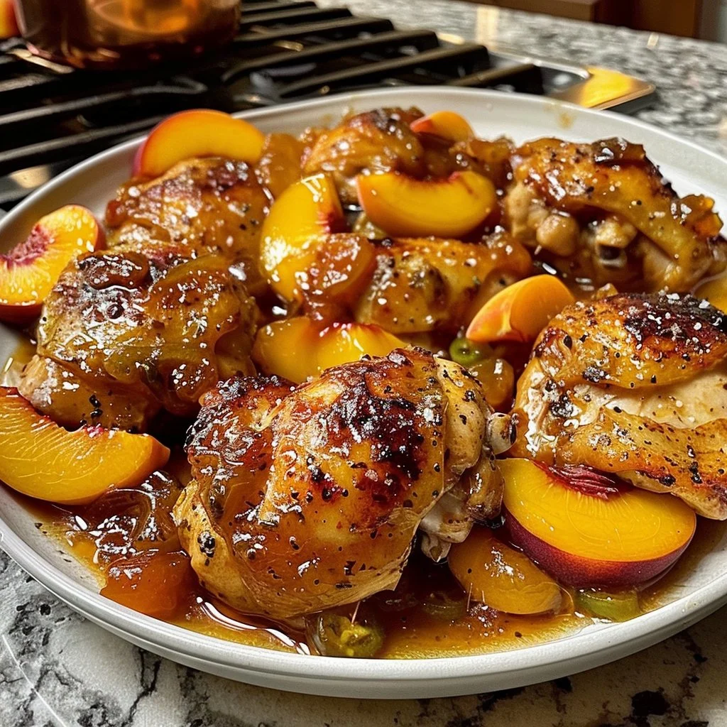 Delicious jalapeno peach chicken served with fresh herbs on a plate.