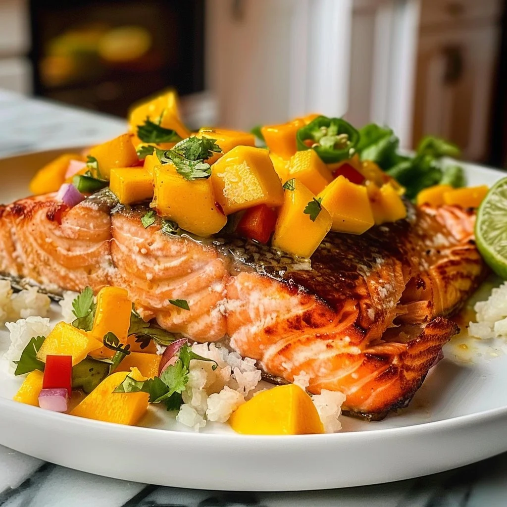 Delicious mango salmon dish garnished with fresh herbs