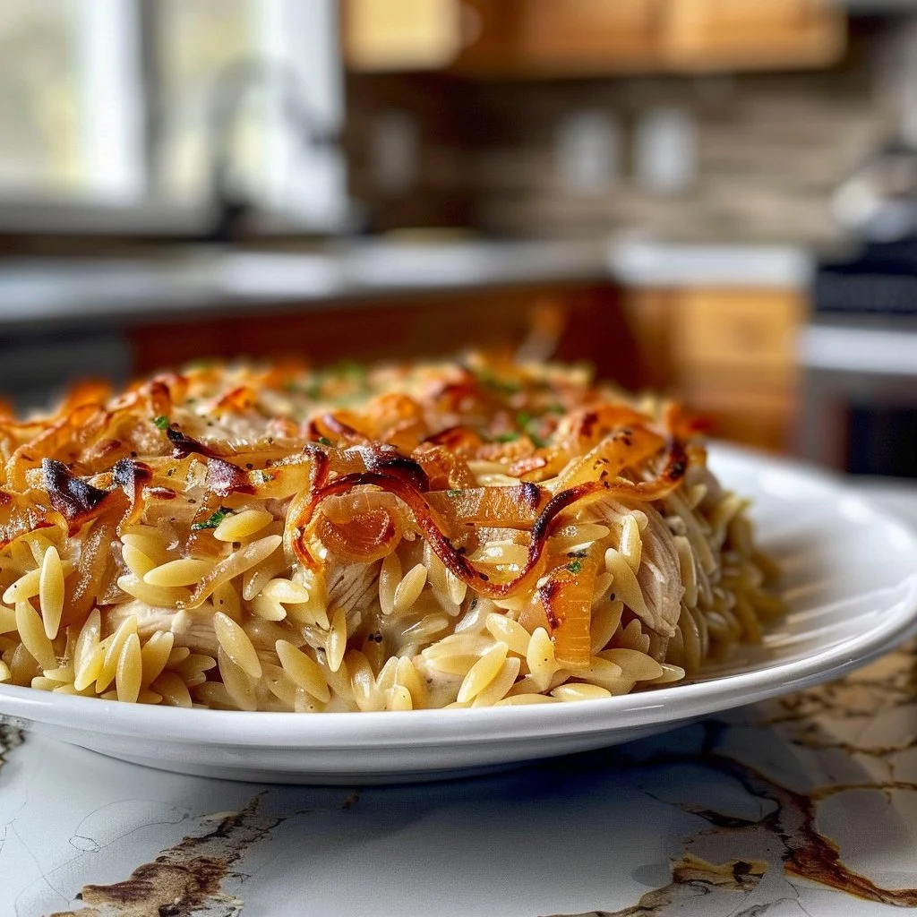 Delicious family favorite orzo casserole in a baking dish, ready to serve.