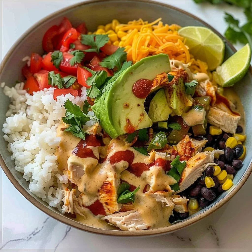 Colorful Southwest Chicken Bowls with grilled chicken, veggies, and toppings