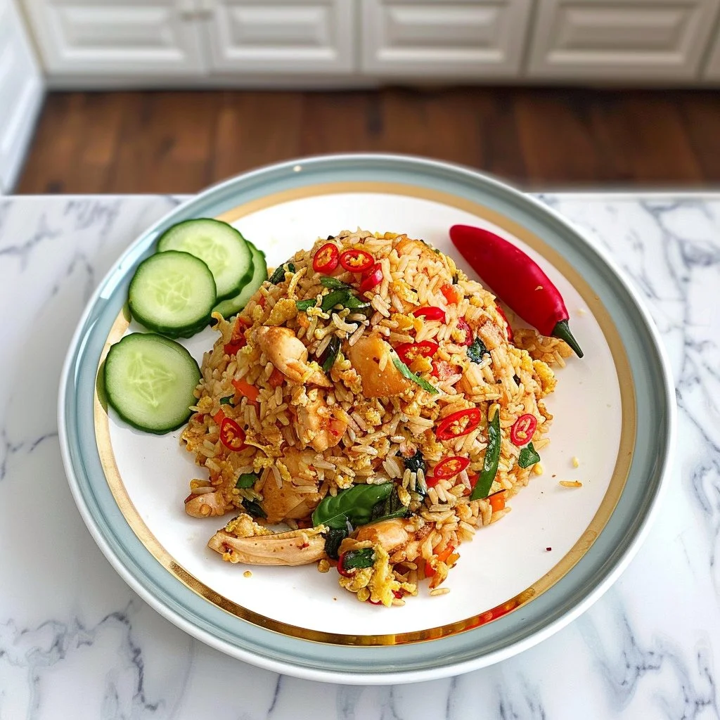 Bowl of delicious Thai Basil Fried Rice topped with fresh basil leaves