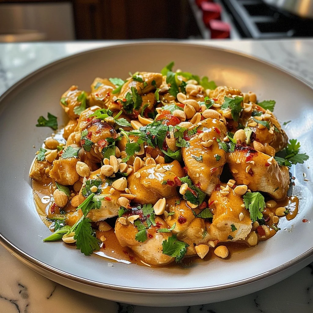 Delicious Thai Peanut Chicken served with vegetables and garnished with peanuts