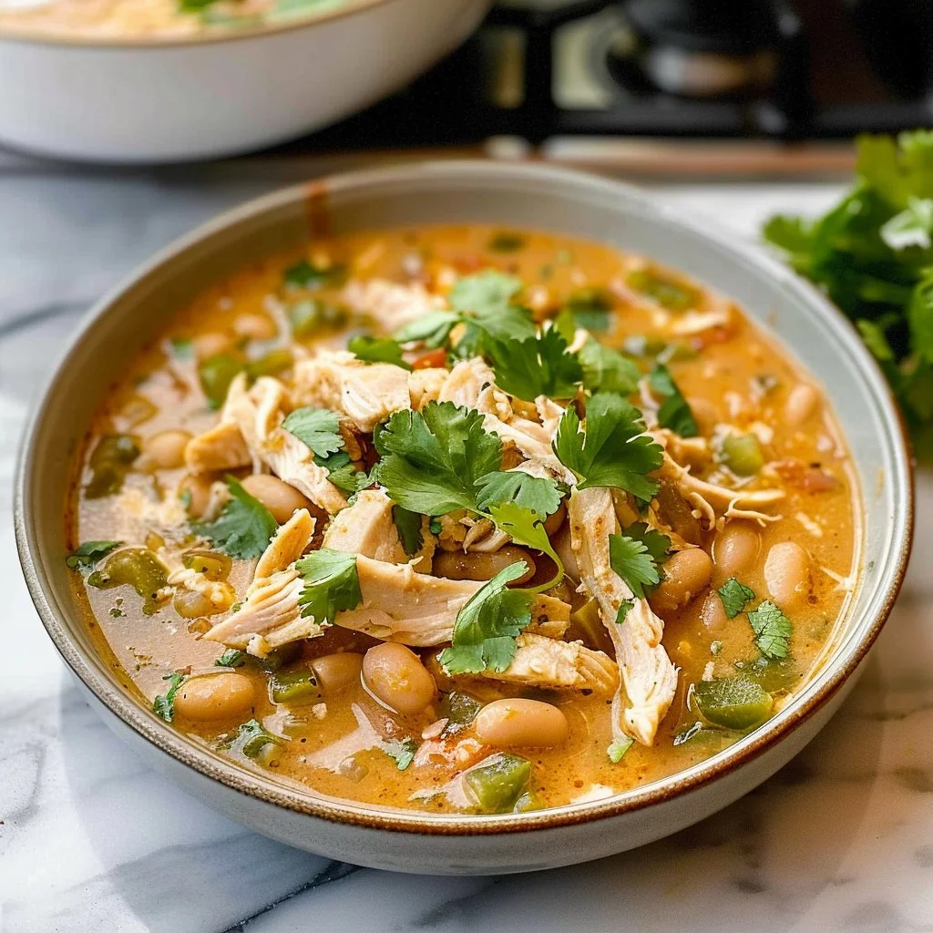 Delicious bowl of family favorite white chicken chili with toppings