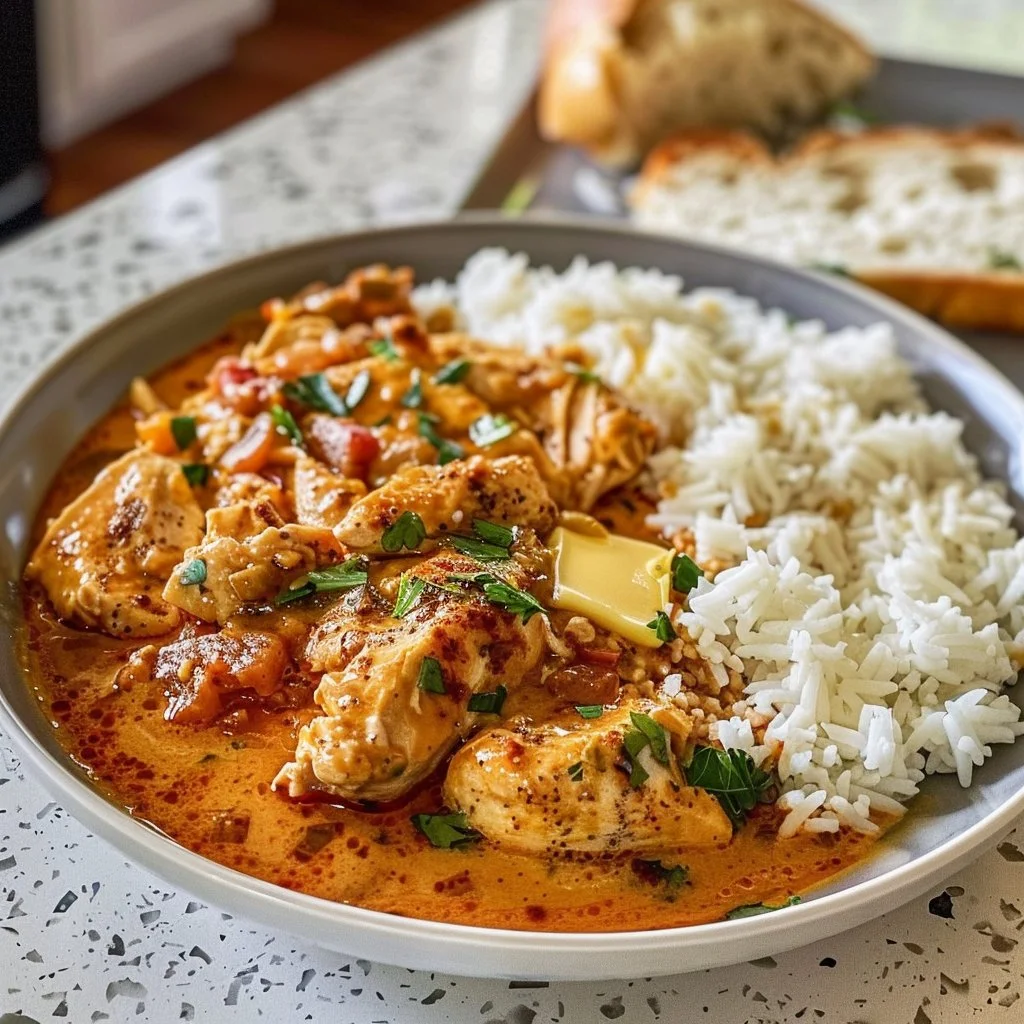 Healthy Cajun Comfort Chicken served with vegetables on a plate