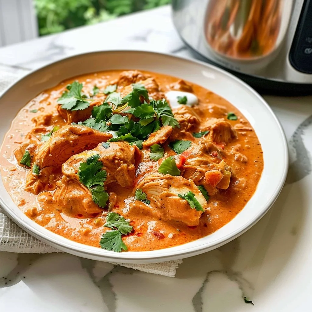Healthy cozy butter chicken dish served with rice and garnish