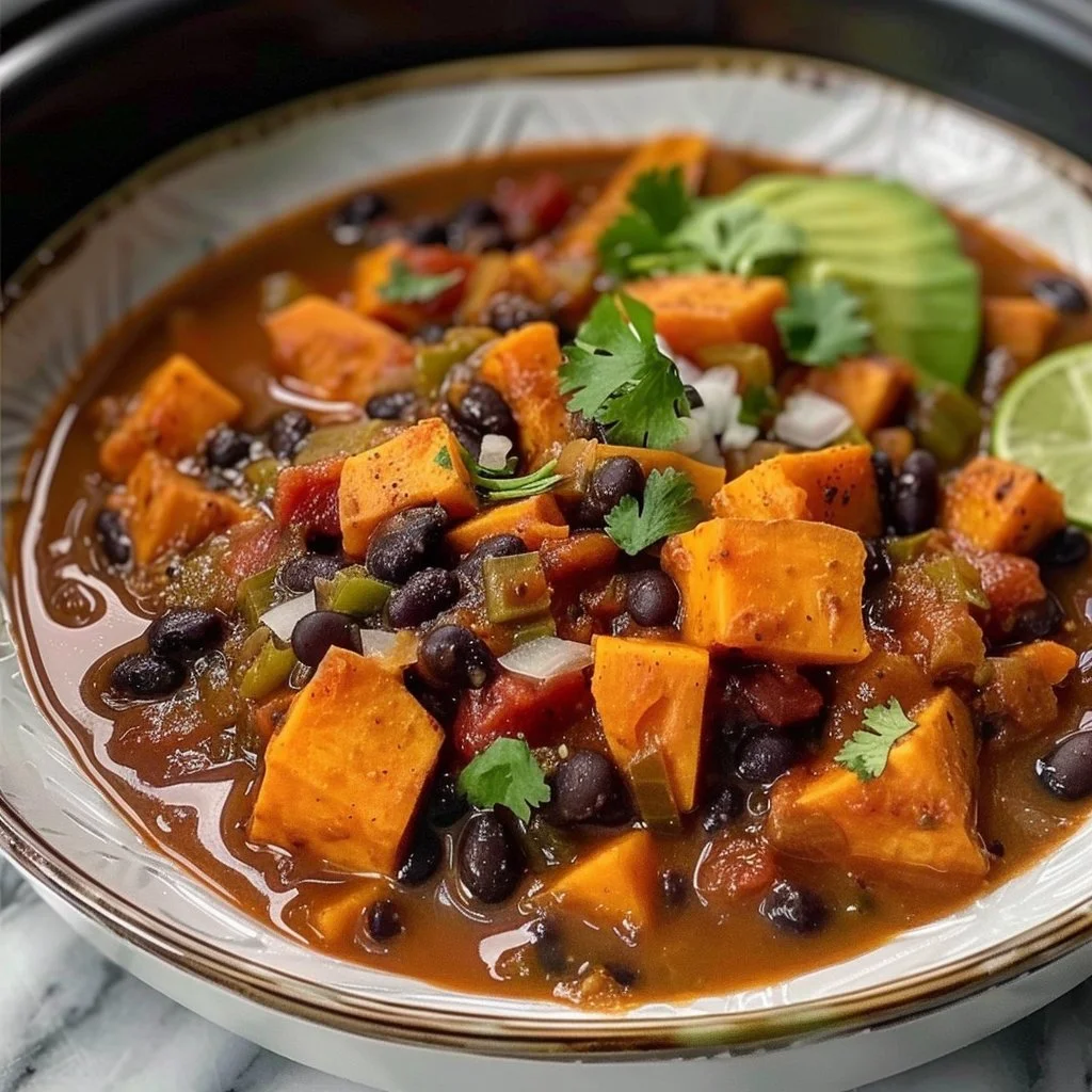 Bowl of high protein cozy chili garnished with fresh herbs and spices