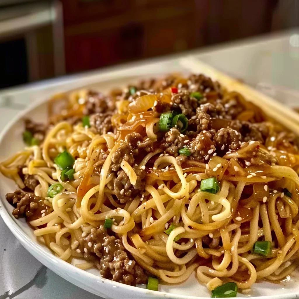 Kid-friendly Mongolian noodles served in a bowl with vegetables and beef.