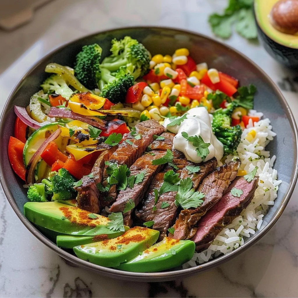 Smoky steak bowl with tender meat and fresh vegetables