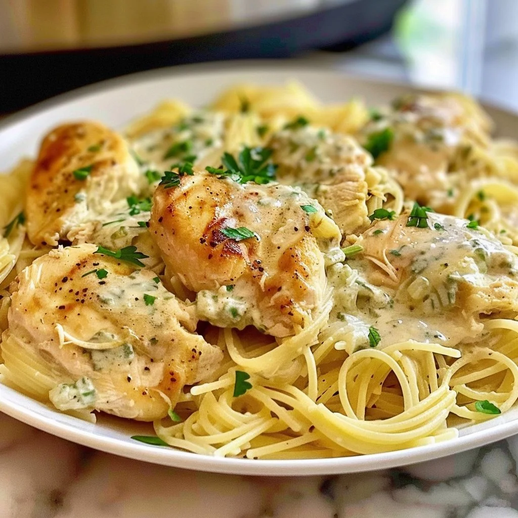 Plate of comforting Wholesome Angel Chicken with herbs and spices.