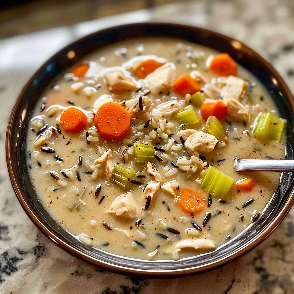Bowl of wholesome comfort chicken soup with fresh vegetables and herbs