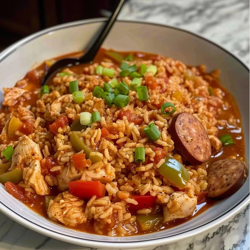 Delicious wholesome comfort jambalaya with shrimp, sausage, and vegetables.